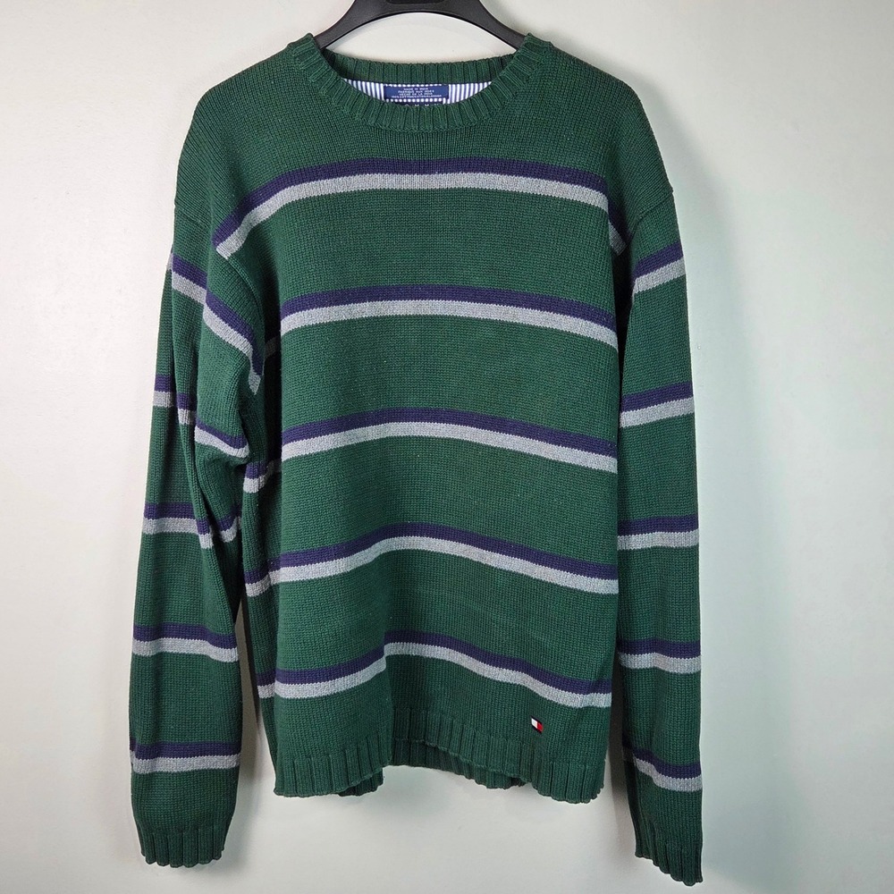 Tommy Hilfiger Sweater Mens XL Green Striped Excellent Cotton Knit Crewneck